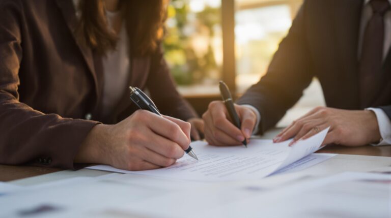 Deux personnes en costume signent un document.