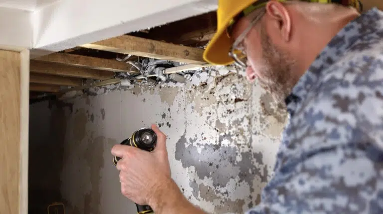 Inspecteur en bâtiment examinant des dommages causés par l'eau avec une lampe torche
