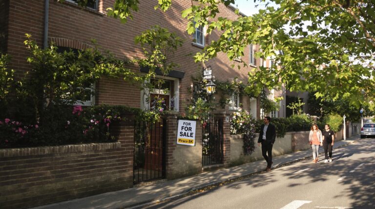 House for sale in a brick building with people walking by.
