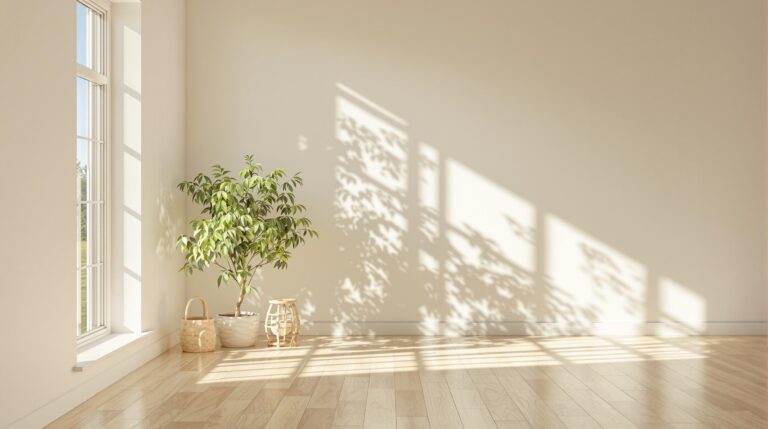 Minimalist room with plant and sunlight.